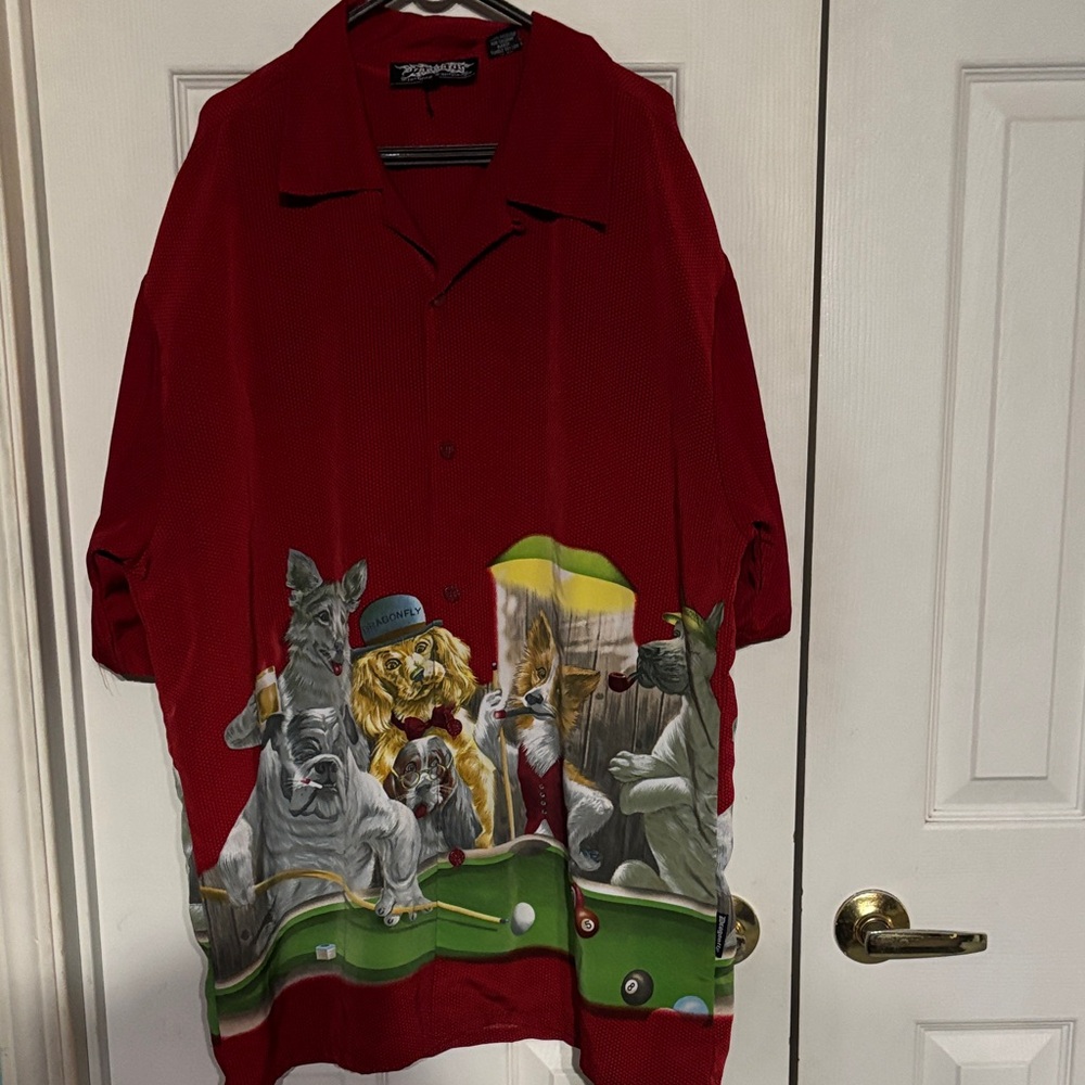 Red Button-Up Shirt with Dog Print